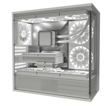 Lit-up PC case with multiple fans and internal components. 3d illustration transparent background