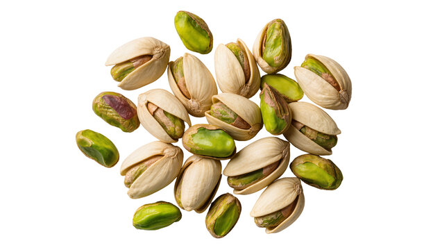 Pile of shelled and unshelled pistachios, isolated on transparent background