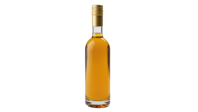 Clear glass bottle with golden cap filled with amber liquid, isolated on transparent background