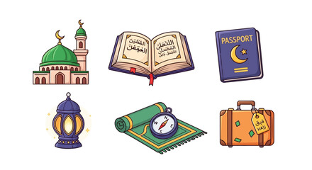 Obraz premium Islamic culture and travel essentials, from religious artifacts to journey necessities
