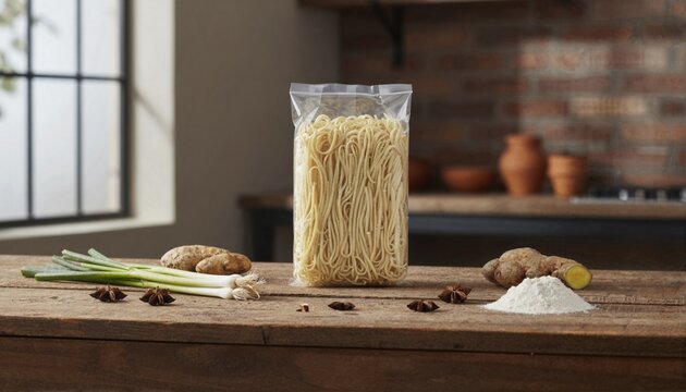 Organic mie noodles on rustic wood with fresh asian spices