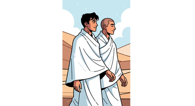 Two men wearing ihram clothing, symbolizing the spiritual journey of Hajj and Umrah, in a desert landscape