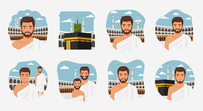 Muslim pilgrims in ihram clothing performing Hajj at the Kaaba in Mecca, a spiritual journey illustration