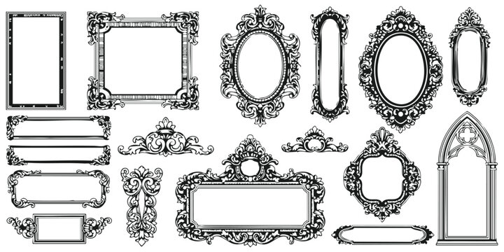 Set of vintage ornate baroque frames and decorative scroll border elements vector illustration