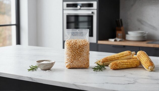 Organic popcorn maize kernels with fresh herbs on marble