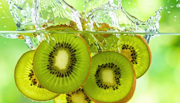 Fresh kiwi slices splashing into clear water on green background
