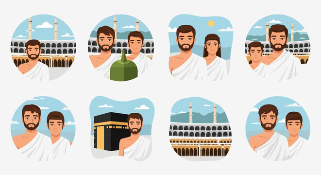 Illustrations of Pilgrims in Hajj performing religious rituals at the Grand Mosque and Kaaba in Mecca, Saudi Arabia