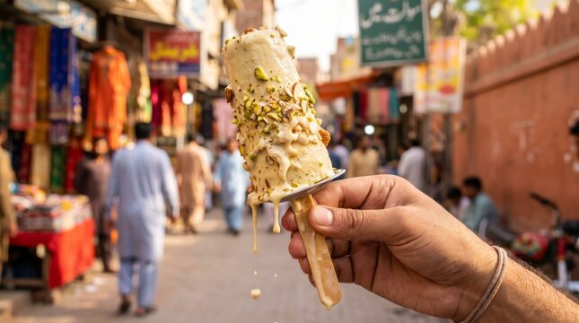 Creamy Pakistani Kulfi with Nuts Melting in Hand at a Vibrant Local Market