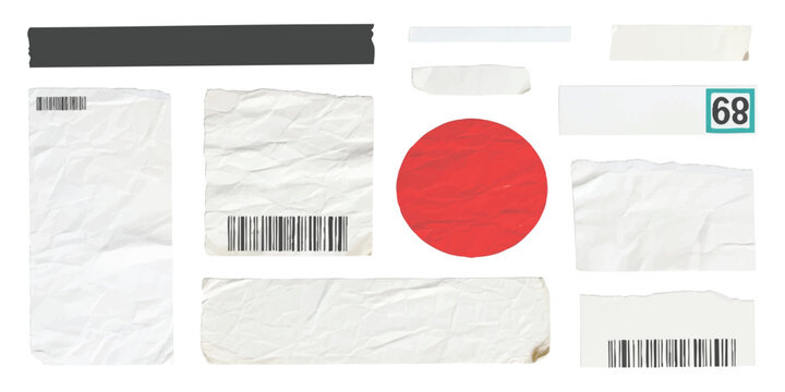 Set of distressed paper stickers and tape strips with barcode elements