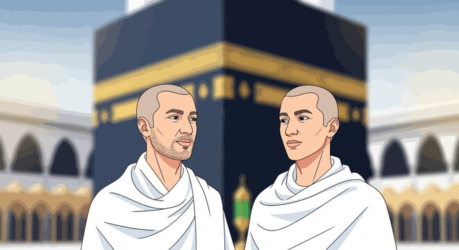 Two devout Muslim men dressed in traditional white Ihram garments stand contemplatively before the sacred Kaaba in Mecca, Saudi Arabia, during a deeply spiritual pilgrimage