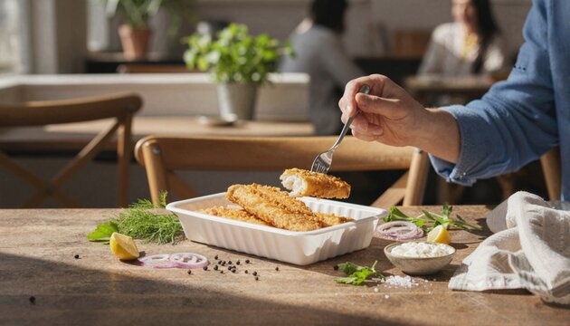 Person enjoying crispy battered hake fillets at brunch