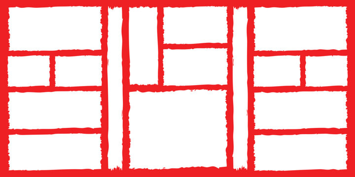 Abstract geometric grid layout with red borders and white empty frames