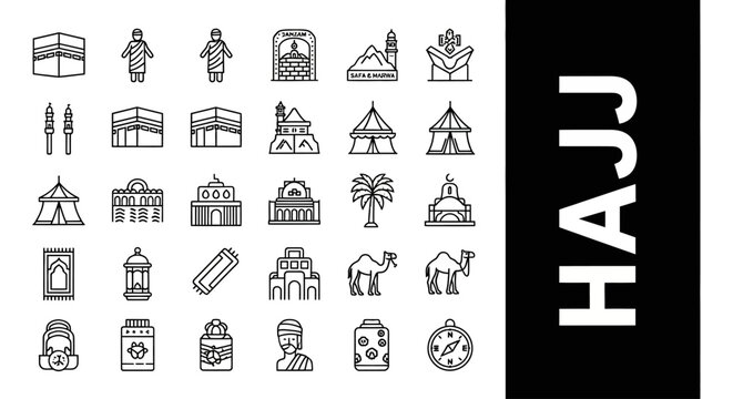 Vector collection of outline icons representing the sacred Islamic pilgrimage of Hajj, showcasing essential symbols, rituals, and holy sites for a spiritual journey to Mecca