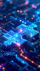 Obraz premium A vibrant, glowing jigsaw piece sits atop a circuit board, suggesting digital connection and problem-solving, rendered with bright blues and orange bokeh