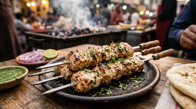 Delicious Pakistani Malai Boti Chicken Skewers Served with Naan at a Vibrant Street Eatery