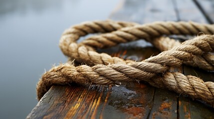 Fototapeta premium Brown rope coils on wet wooden dock near water