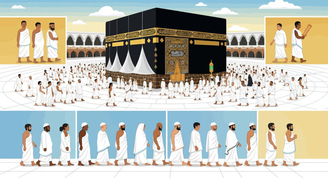 Pilgrims in Ihram performing Tawaf around the Kaaba during Hajj or Umrah pilgrimage in Mecca