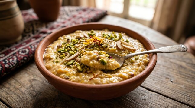 Authentic Pakistani Rabri Dessert with Pistachios and Almonds in a Clay Bowl
