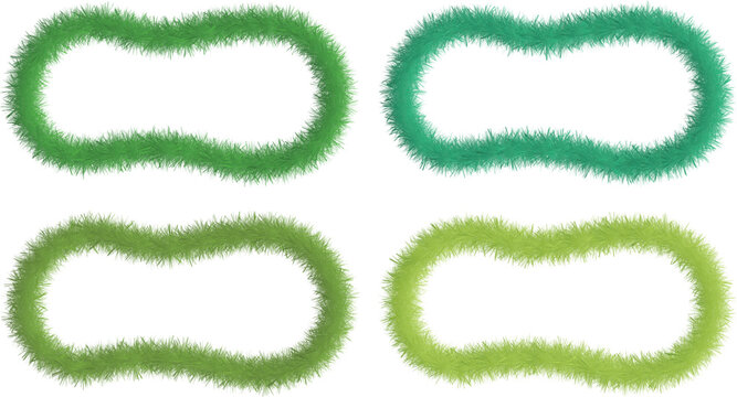Fuzzy organic blob frames with soft grass texture outlines. Green irregular border shapes for labels, stickers, and interface elements. Natural vector set for eco design, badges, and creative layouts.