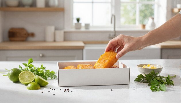 Person reaching for smoked haddock portion in bright kitchen