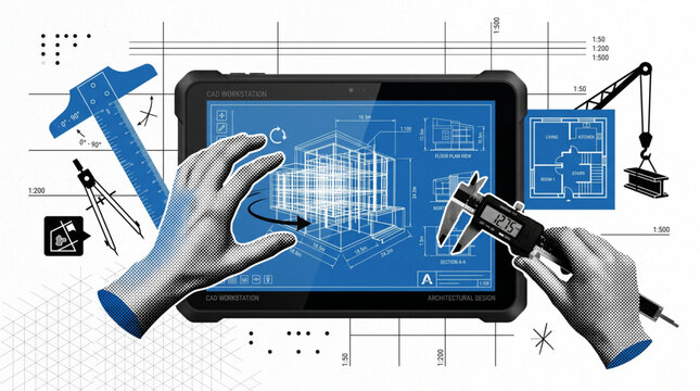 Modern halftone collage for architectural design and engineering concepts using digital CAD workstation tablet for 3D wireframe modeling with hands, caliper tools, blueprints, and t-squares.