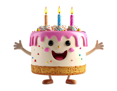 G&acirc;teau d'anniversaire avec visage souriant, personnage en 3 d