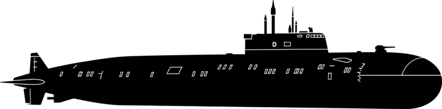 Detailed submarine silhouette highlights hull vents and conning tower