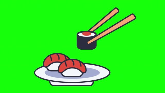Sushi and Maki with Chopsticks Animation on Green Screen