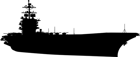 Obraz premium Modern naval aircraft carrier silhouette showing flight deck and island