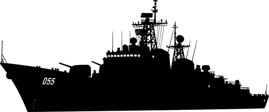 Modern guided missile destroyer silhouette features advanced radar arrays