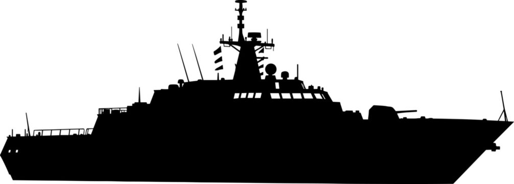 Modern naval corvette silhouette sailing on maritime patrol