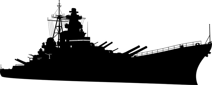 Naval battleship silhouette with heavy artillery gun turrets