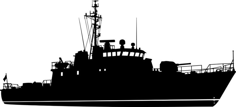 Naval patrol vessel silhouette equipped with radar and deck gun