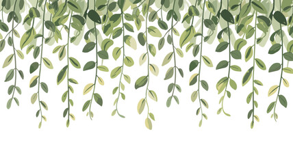 Hanging vines with green leaves in a flat style against a plain white background featuring trailing plant stems and foliage in various shades of olive lime and dark forest green © Jibit