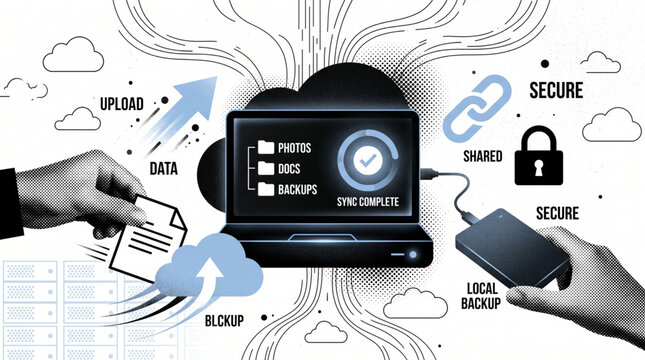 Halftone collage of cloud data backup and synchronization concept with laptop screen showing sync complete and external hard drive for local storage safety security and sharing digital files