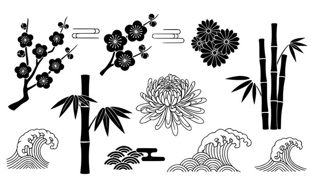 Japanese floral bamboo wave vector silhouette set traditional pattern