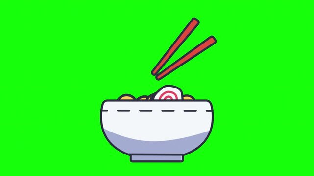 Animated Ramen Bowl with Chopsticks Lifting Noodles Green Screen