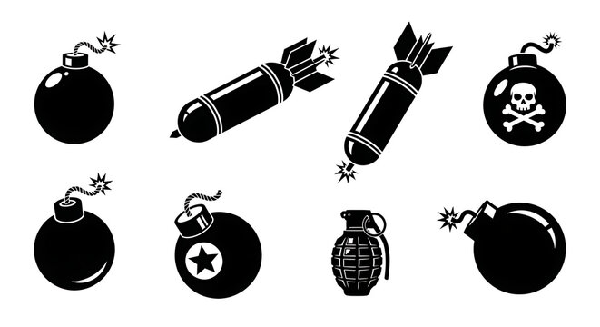 A collection of black and white bomb and explosive icons