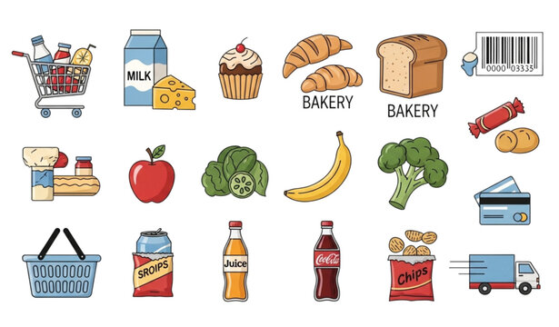 Grocery food vector icon set supermarket shopping cart illustration