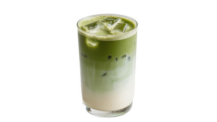 Tall glass of iced matcha latte with layered milk and green tea, isolated on transparent background © Alexander