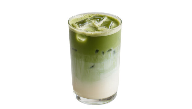Tall glass of iced matcha latte with layered milk and green tea, isolated on transparent background