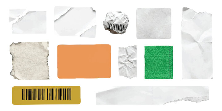 Set of torn paper pieces and stickers with barcode vector illustration collection