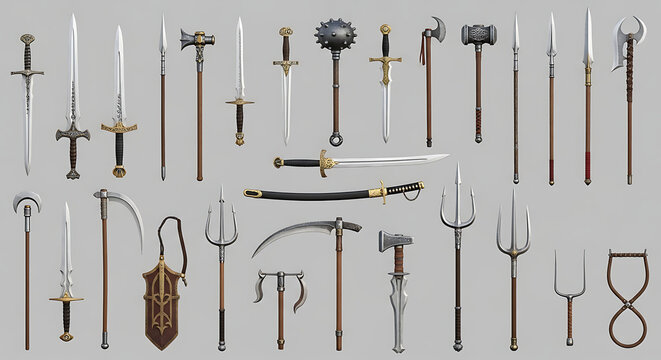 A collection of medieval swords and weapons on display
