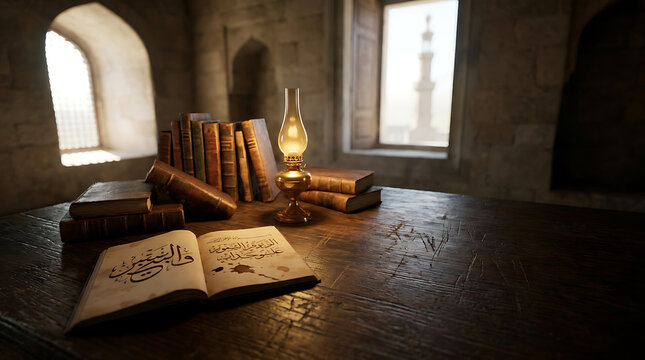 A softly lit vintage table showcasing ancient Arabic books and an illuminated oil lamp, with a view of a minaret through a window.