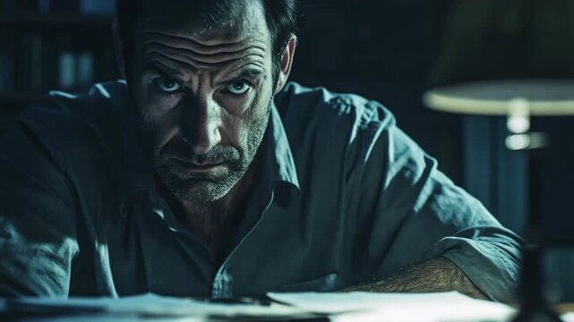 A man sits at a table looking concerned in a dark room