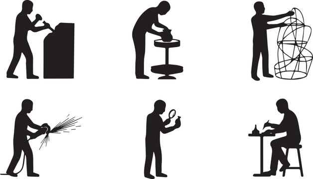 Black silhouette craftsmen workers set, industrial workshop activities, welding carving pottery design tools vector illustration collection