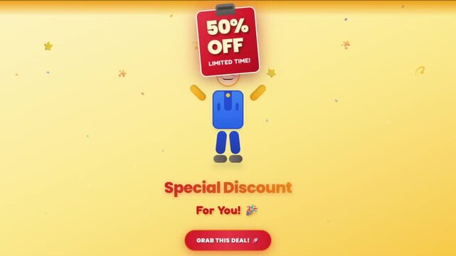 Special Discount 50% Off limited time offer, animated marketing banner with cartoon character, retail promotion for online shopping and sales