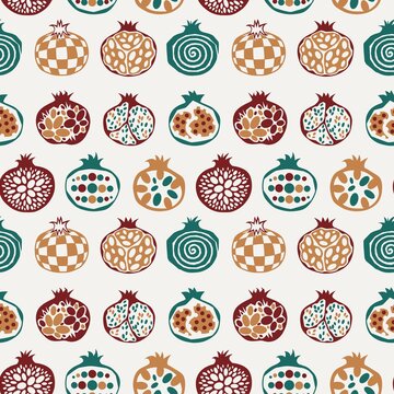 Pomegranate Seamless Pattern with Decorative Fruit Illustrations in Burgundy, Teal and Golden on Light Background