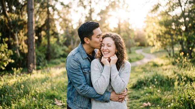 Loving couple embracing in forest