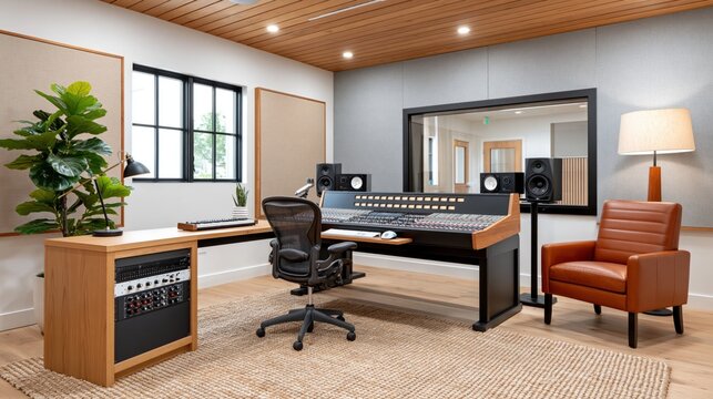 Professional recording studio setup with mixing console, speakers, and comfortable seating